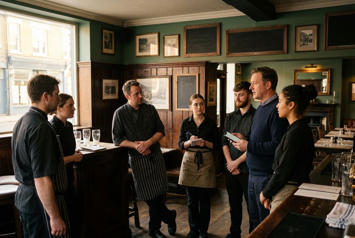 A venue team gathers for a pre-shift briefing.