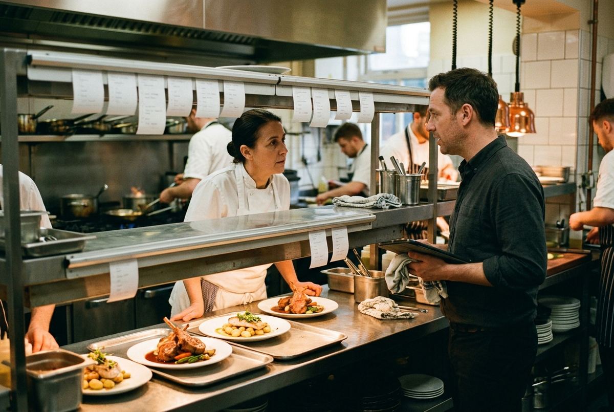A chef at the kitchen pass talks with a manager during service.