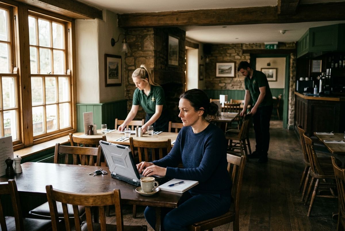 Before opening: a manager works at a laptop while a colleague sets the tables.
