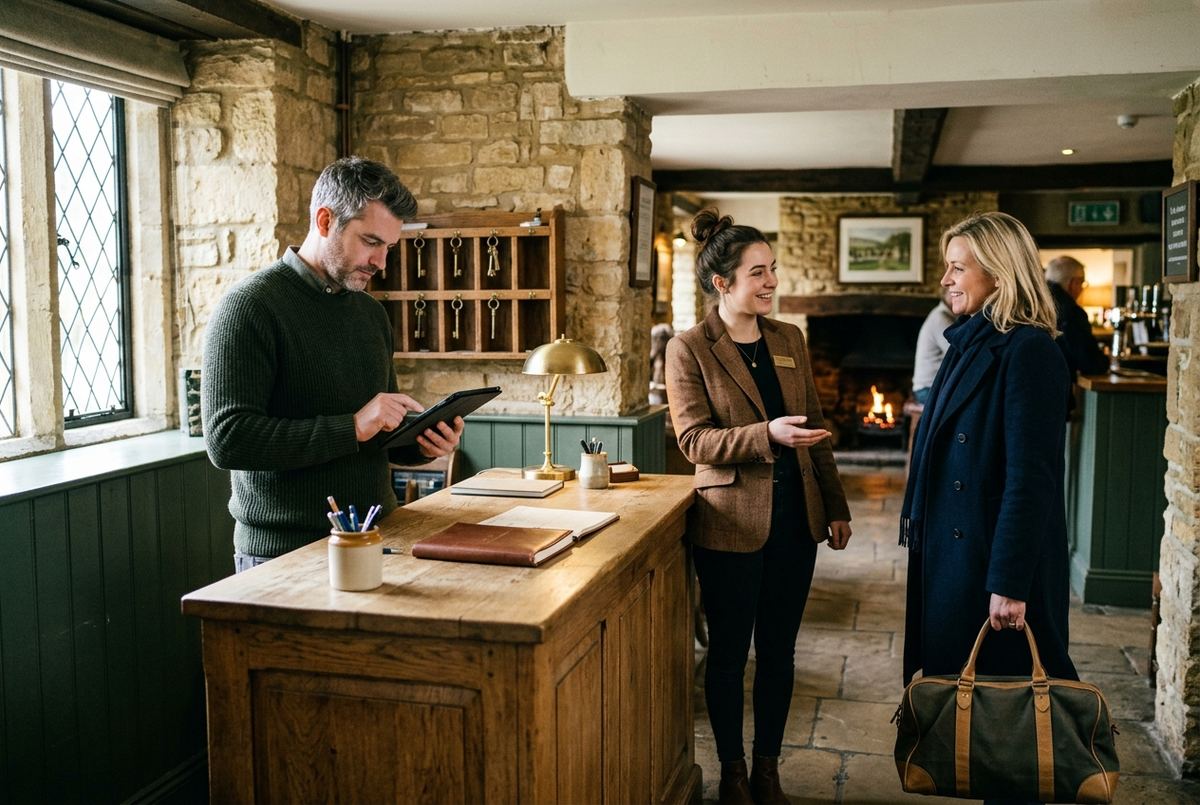 A manager at a hotel reception desk checks a tablet as guests arrive.