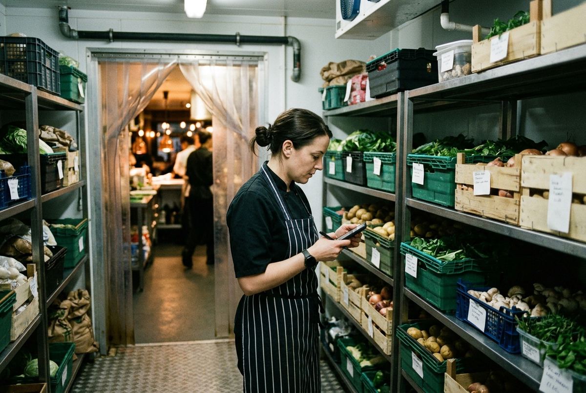 A member of staff checks stock on her phone in a storeroom.