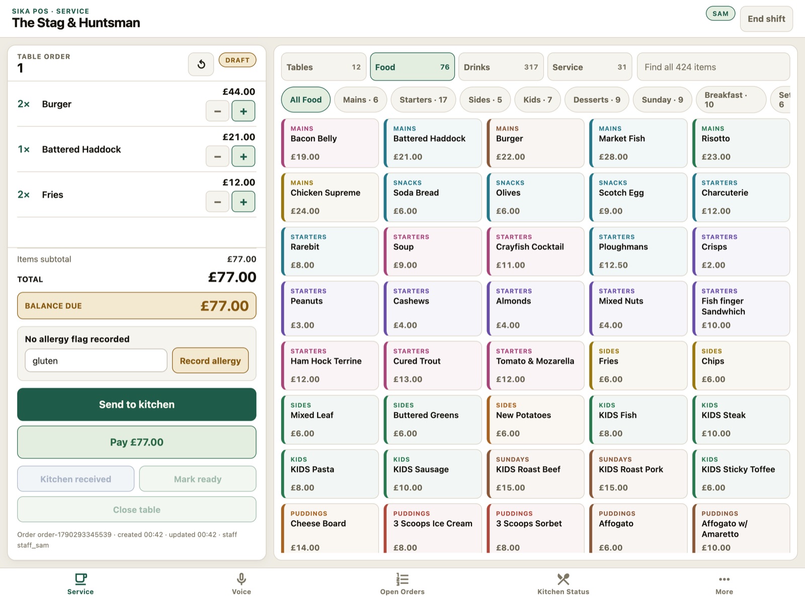 The Flight EPOS on an iPad, showing a demo order